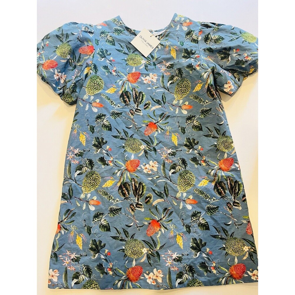 NWT Olivia James The Label Blue Floral Puff Short Sleeves Louisa Dress Size M